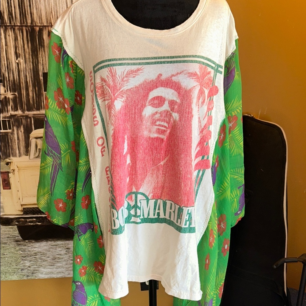 Upcycled Bob Marley Graphic T-Shirt with Green Floral Sleeves